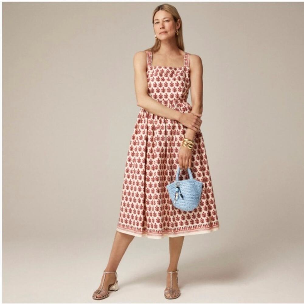 J Crew Apron Midi Dress 8 Red Block Print Foral NWT CK832 J.Crew Boho Western - Picture 2 of 5